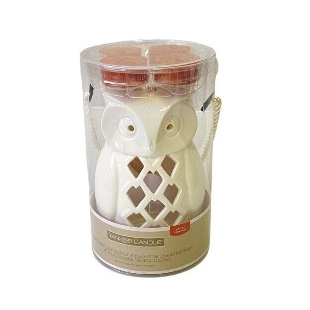Yankee Candle Owl Luminary Tea Light Holder w/ 4 Spiced Pumpkin Gift Set NIP